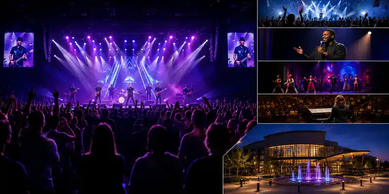 Live concert performance, comedy show, theater production, and entertainment crowd inside Smart Financial Centre in Sugar Land with colorful stage lighting, performers on stage, and audiences enjoying live events in a modern indoor venue.